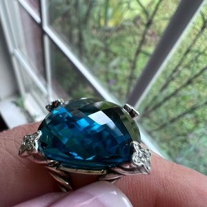 David Yurman 925 Silver Cushion On Point 20mm Hampton blue & Diamond Ring Sz 7